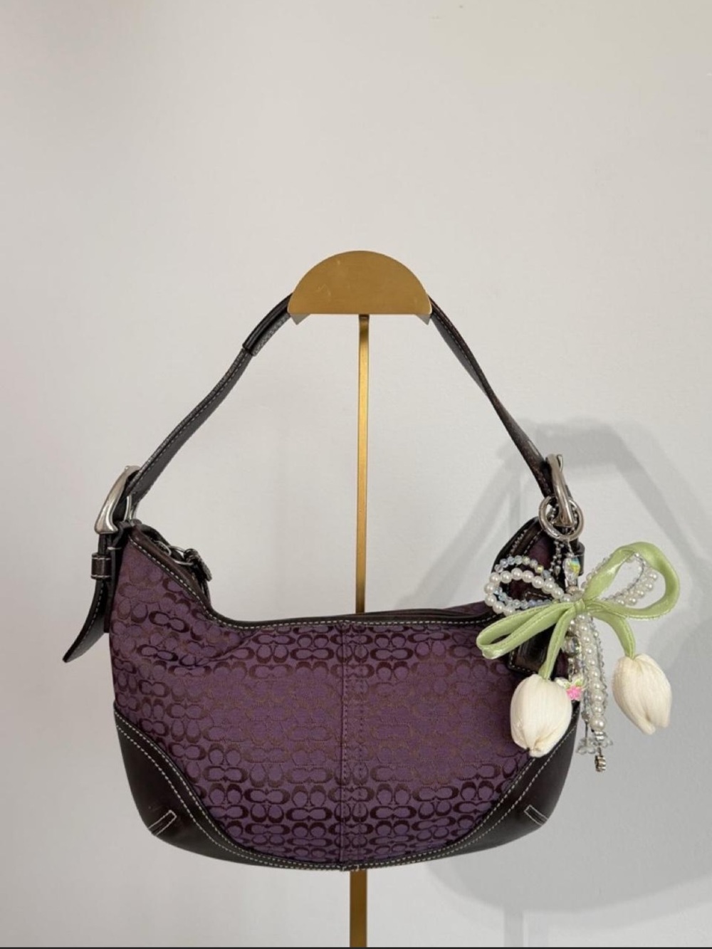 Coach Purple Jacquard Shoulder Bag with Dark Leather Trim